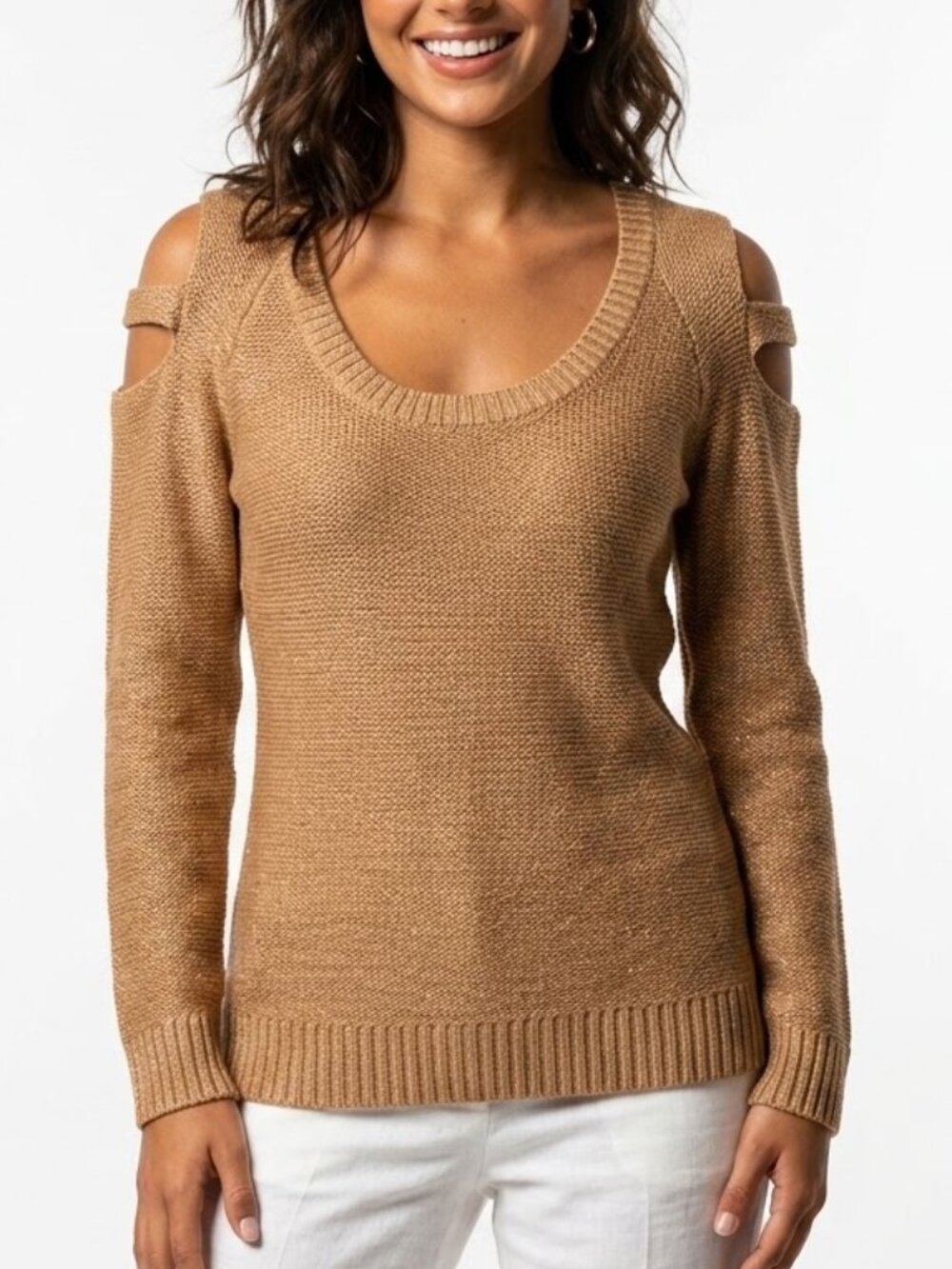 VENUS Whimsigoth Cold Shoulder Knit Sweater Camel Brown Scoop Neck Medium